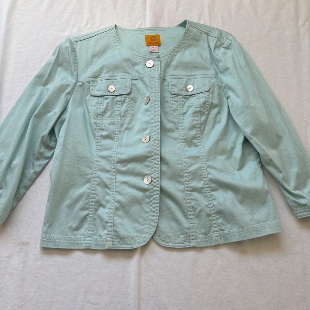 Ruby Rd Womens Aqua Mint Green Button Front Collarless Jacket Sz 16 Cotton Blend